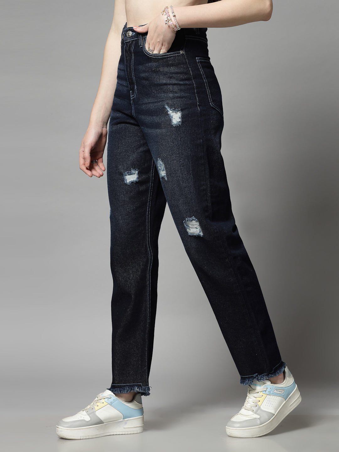 Straight Fit Dark Indigo Cotton Denim Distressed Jeans For Women - Cosmic Trio