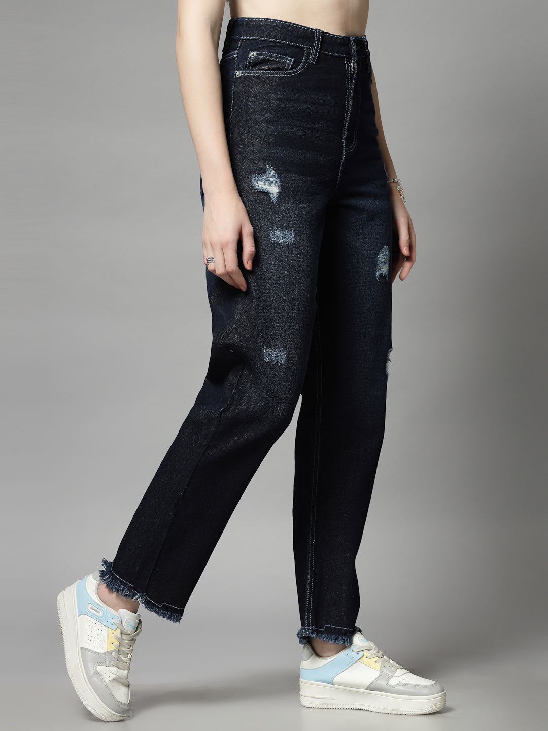 Straight Fit Dark Indigo Cotton Denim Distressed Jeans For Women - Cosmic Trio