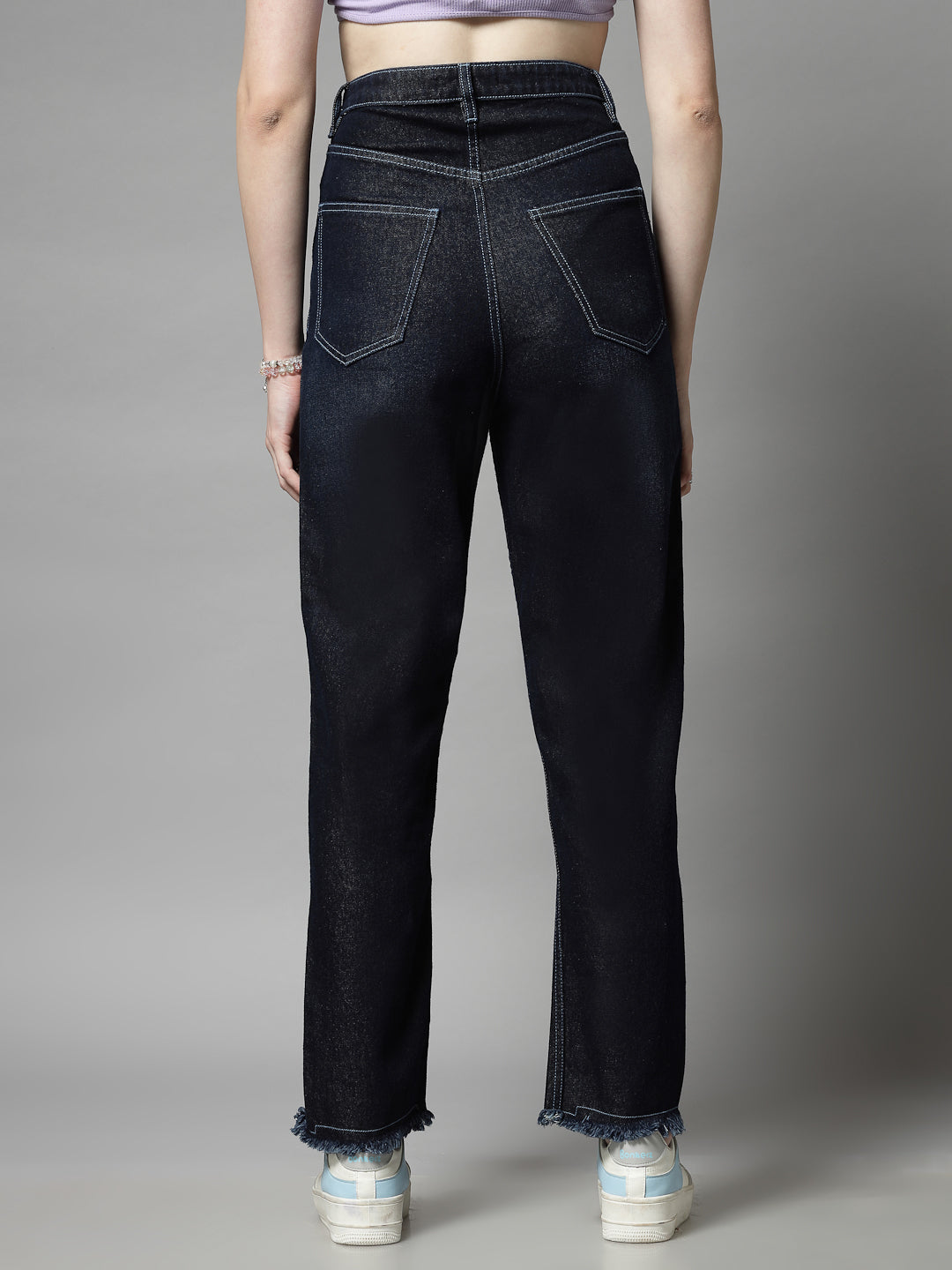 Straight Fit Dark Indigo Cotton Denim Distressed Jeans For Women - Cosmic Trio
