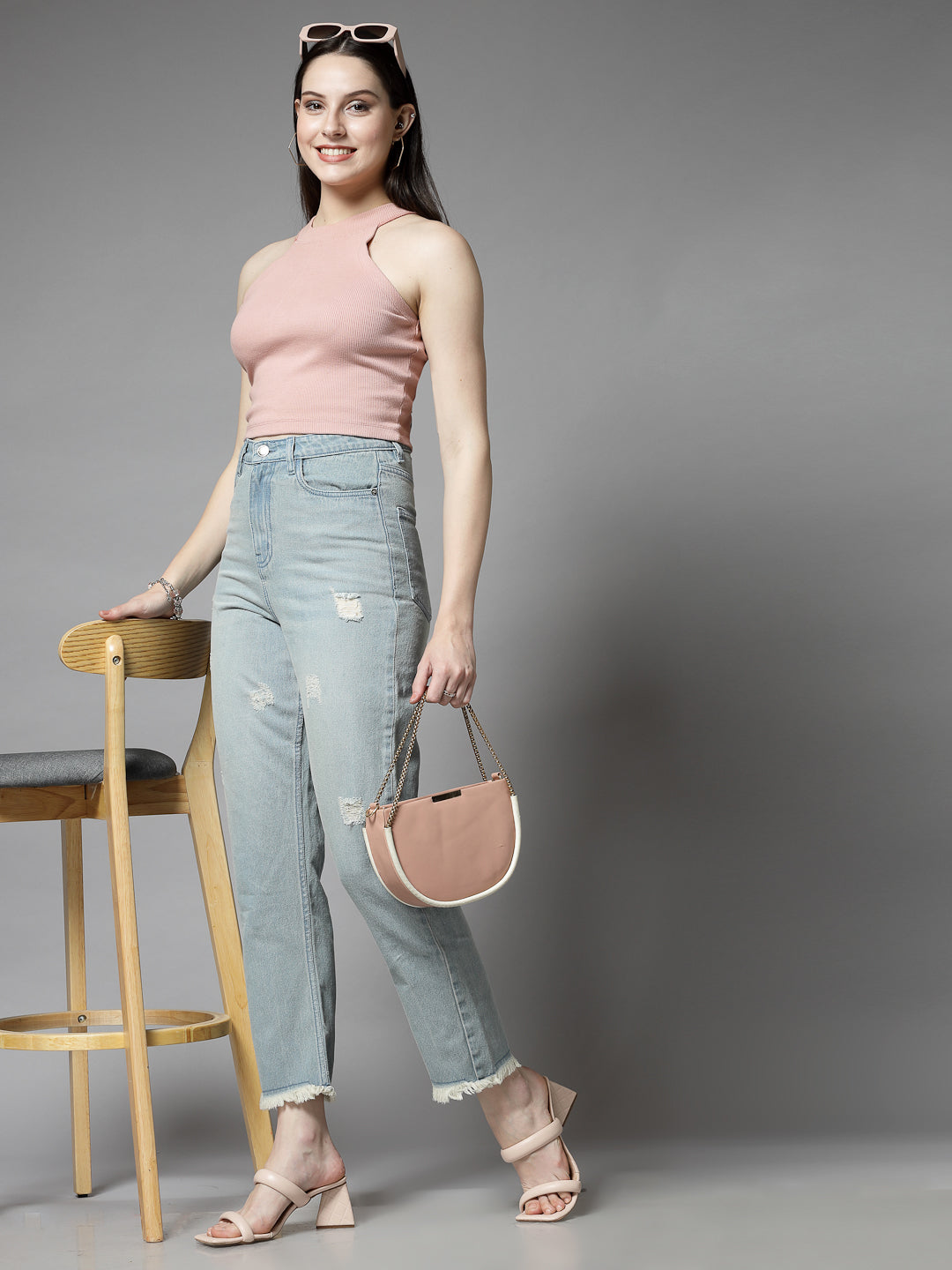 Straight Fit Light Indigo Cotton Denim Distressed Jeans For Women - Cosmic Trio