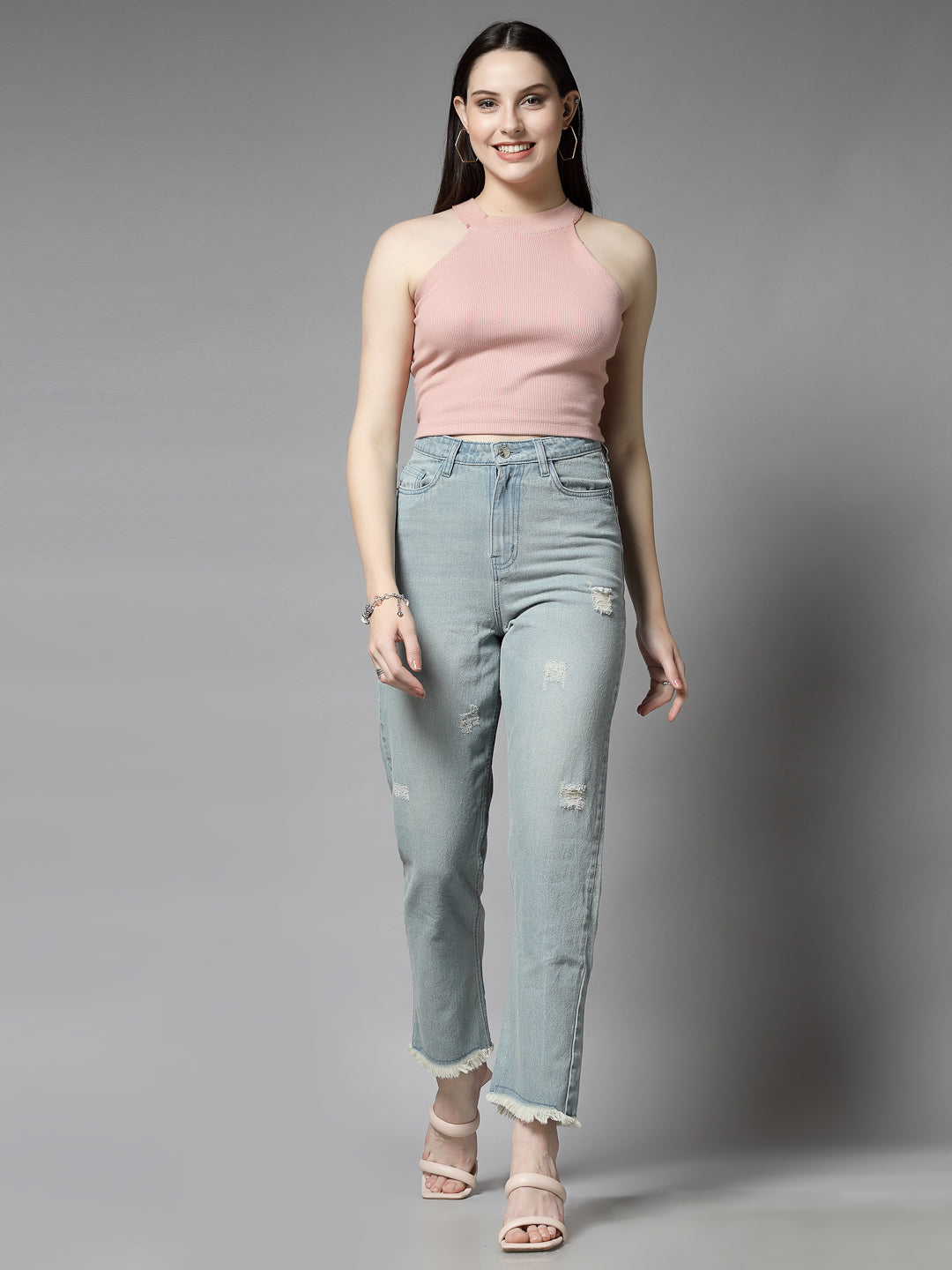 Straight Fit Light Indigo Cotton Denim Distressed Jeans For Women - Cosmic Trio