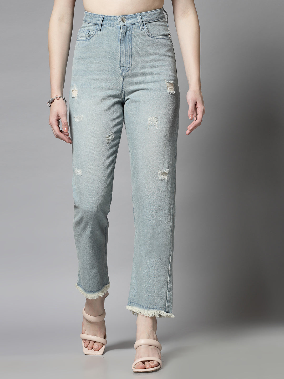 Straight Fit Light Indigo Cotton Denim Distressed Jeans For Women - Cosmic Trio