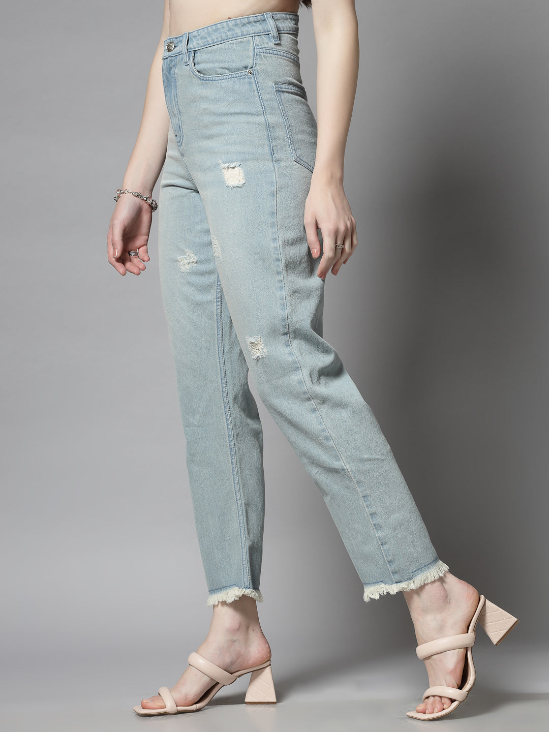 Straight Fit Light Indigo Cotton Denim Distressed Jeans For Women - Cosmic Trio