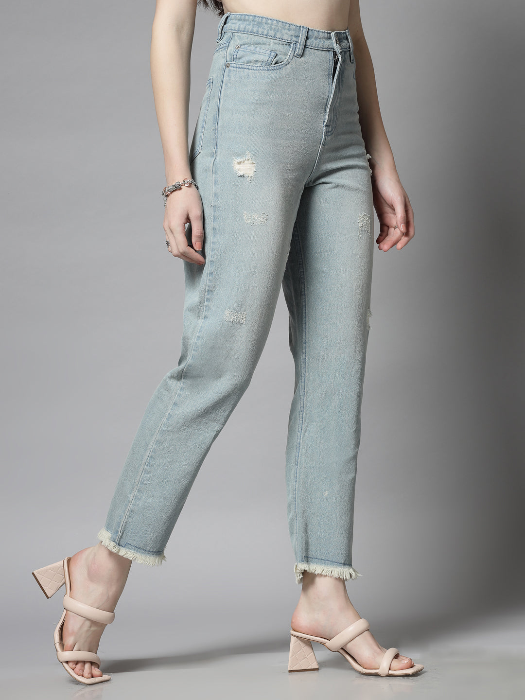 Straight Fit Light Indigo Cotton Denim Distressed Jeans For Women - Cosmic Trio