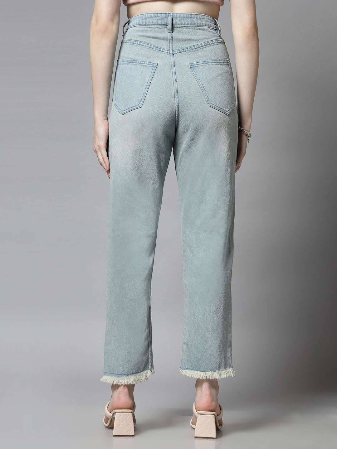 Straight Fit Light Indigo Cotton Denim Distressed Jeans For Women - Cosmic Trio