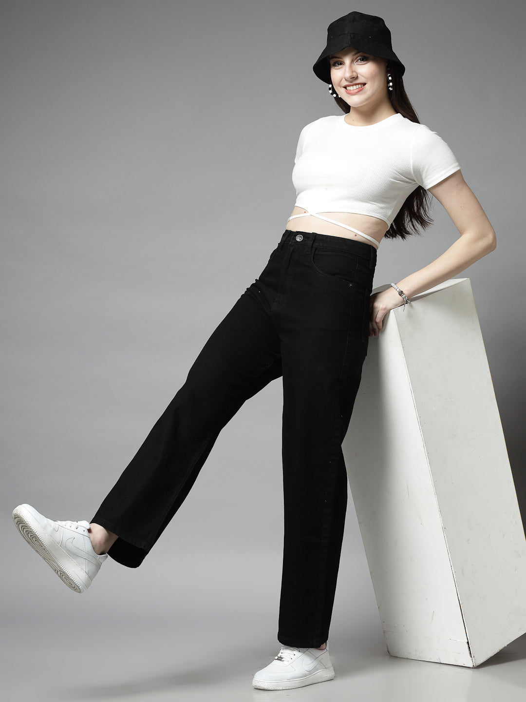 Wide Leg Black Cotton Denim Jeans For Women - Cosmic Trio