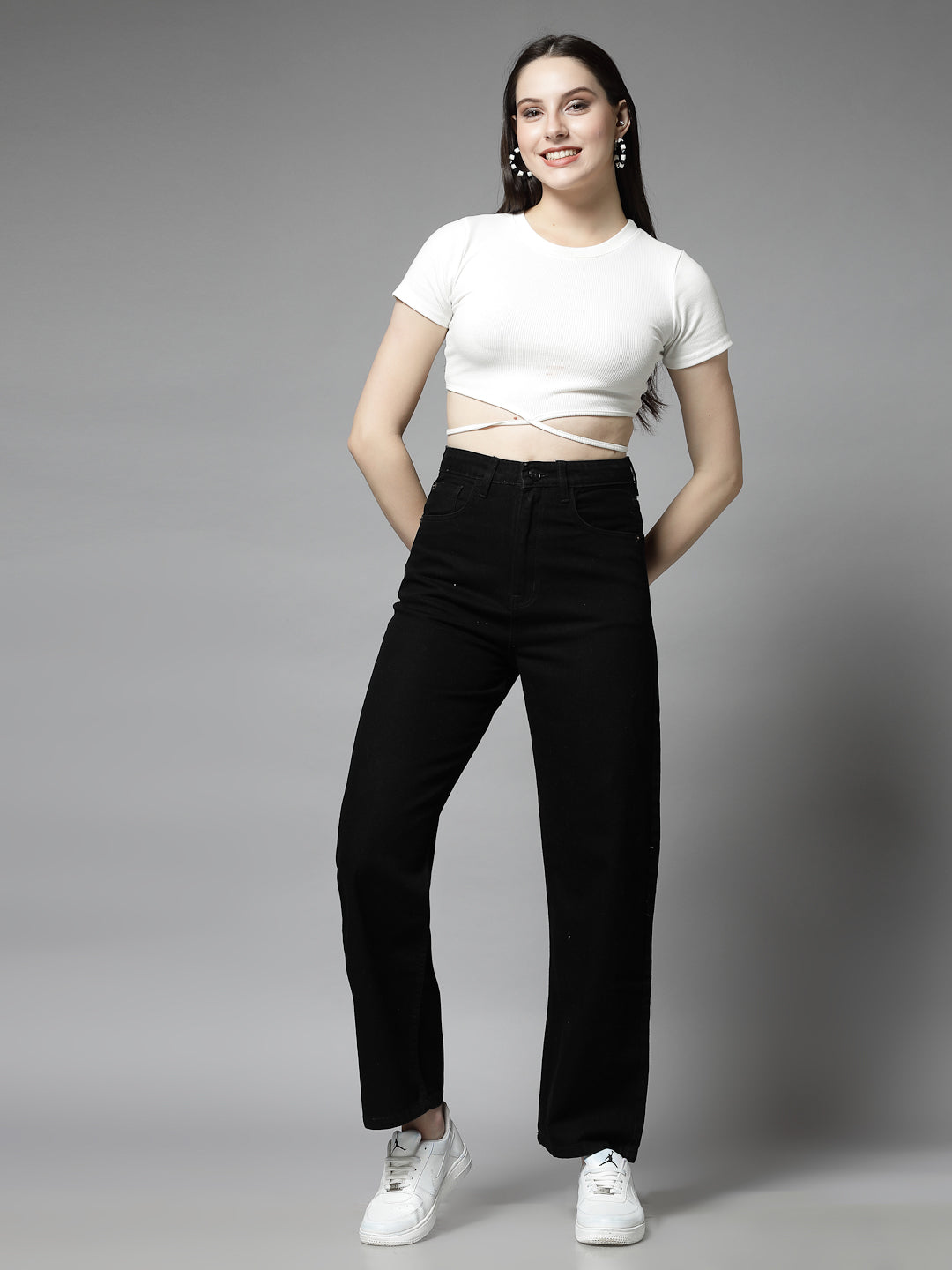 Wide Leg Black Cotton Denim Jeans For Women - Cosmic Trio