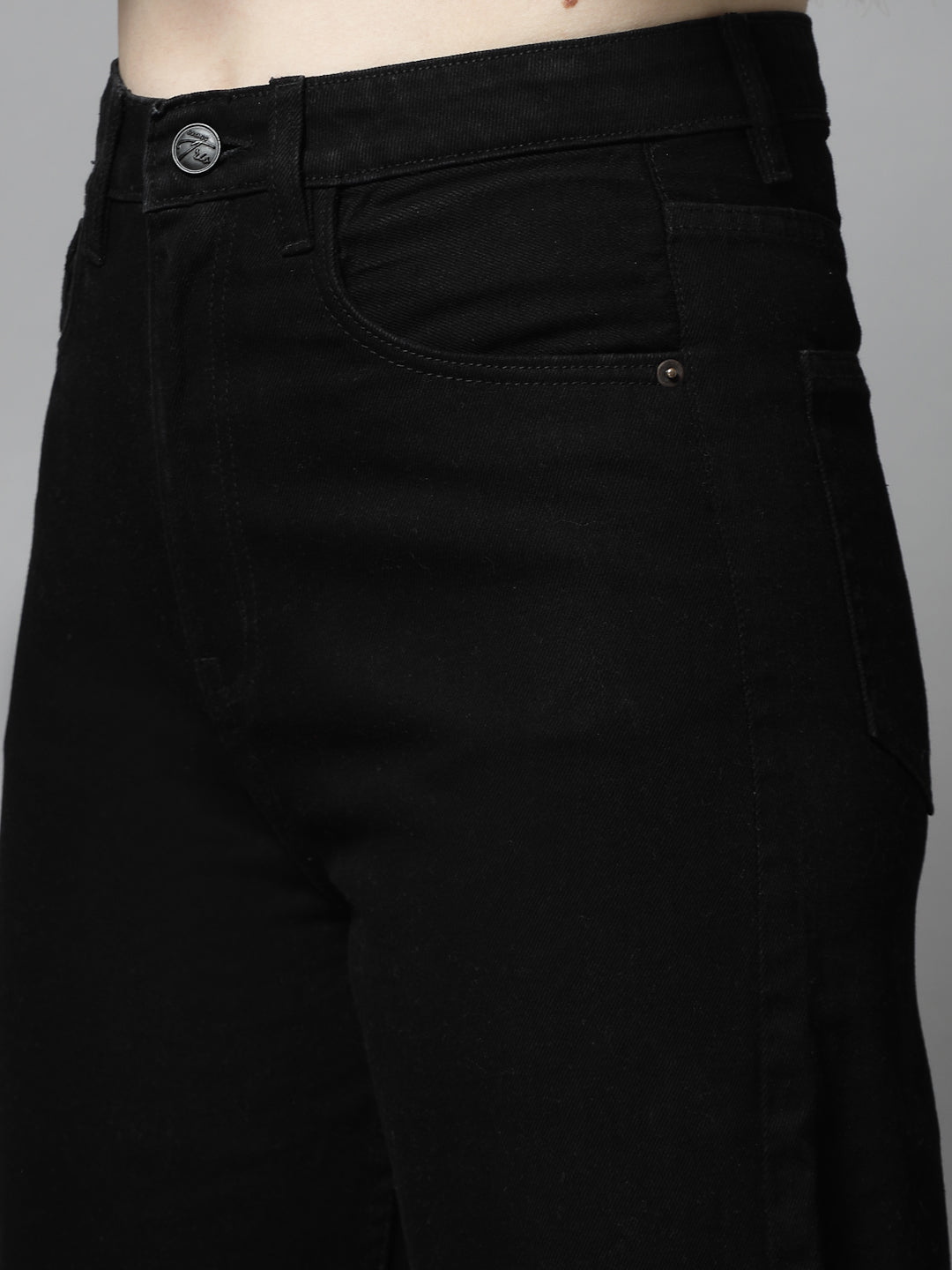 Wide Leg Black Cotton Denim Jeans For Women - Cosmic Trio