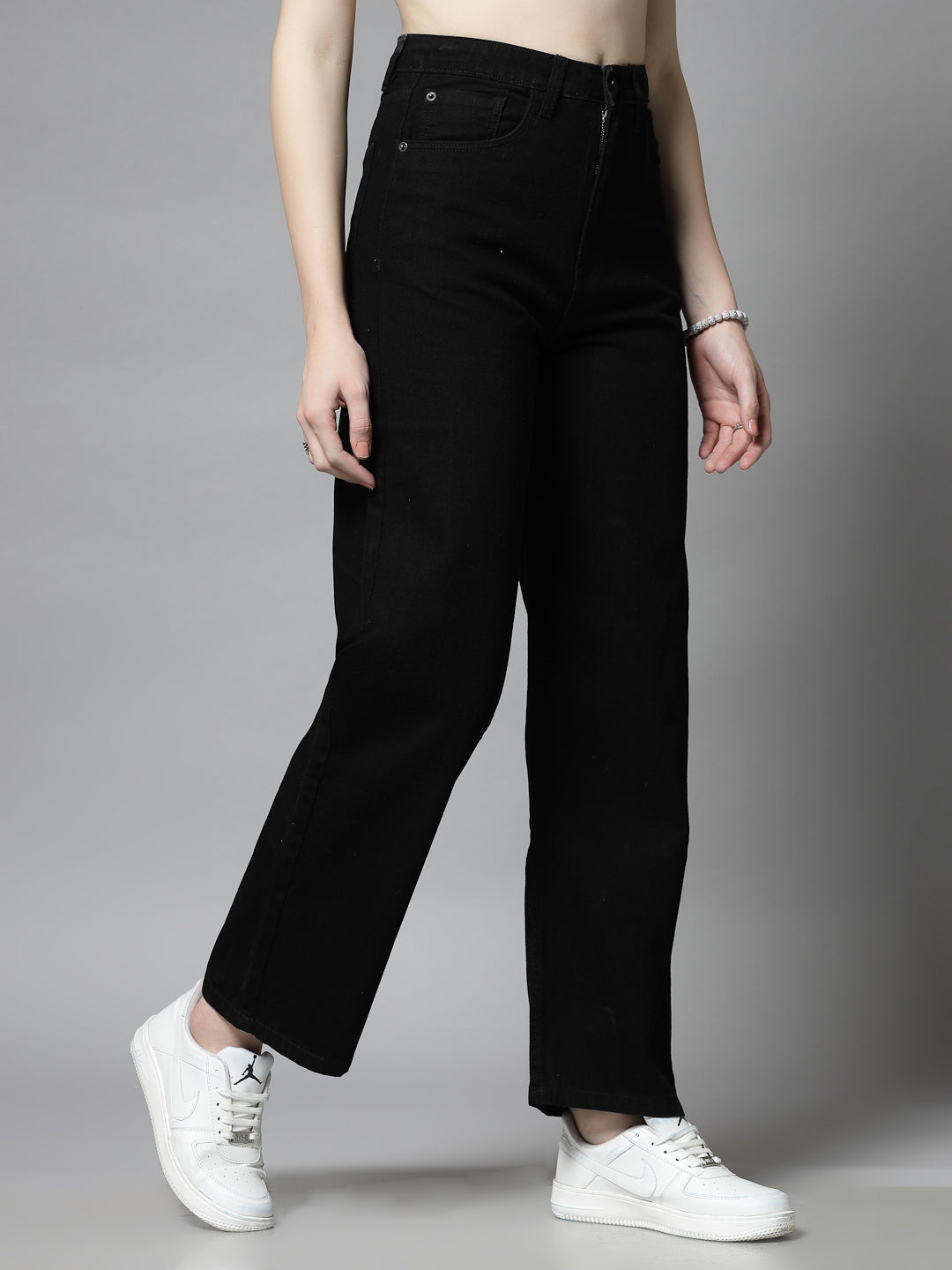 Wide Leg Black Cotton Denim Jeans For Women - Cosmic Trio