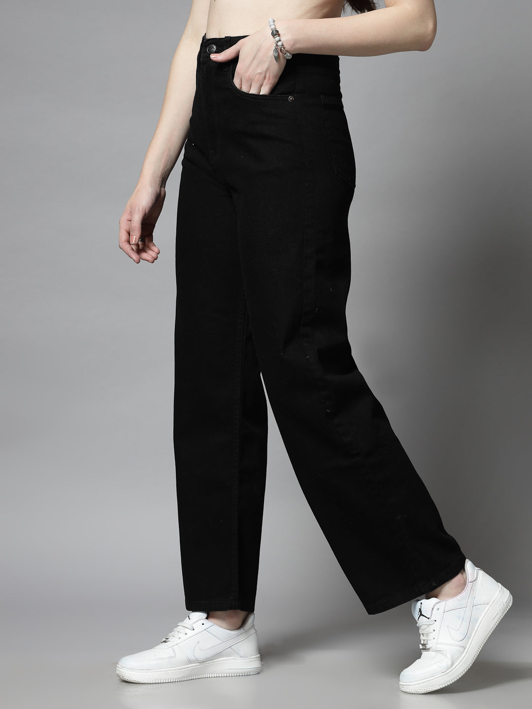 Wide Leg Black Cotton Denim Jeans For Women - Cosmic Trio