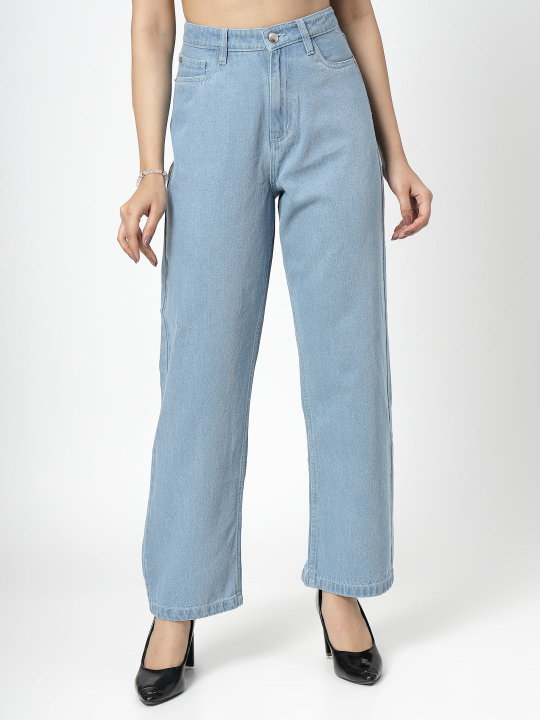 Straight Fit Light Indigo Cotton Denim Plain Jeans For Women - Cosmic Trio