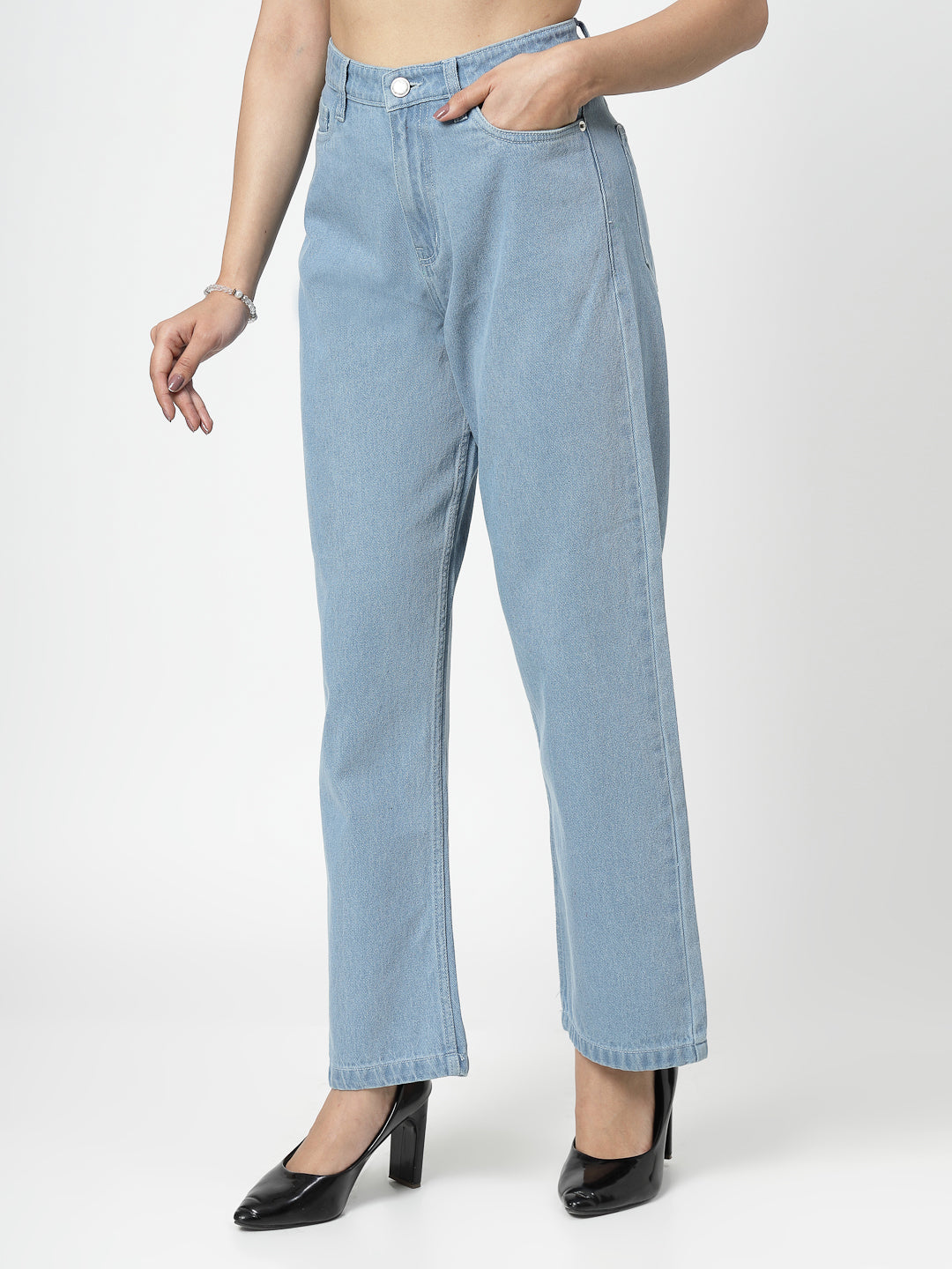 Straight Fit Light Indigo Cotton Denim Plain Jeans For Women - Cosmic Trio