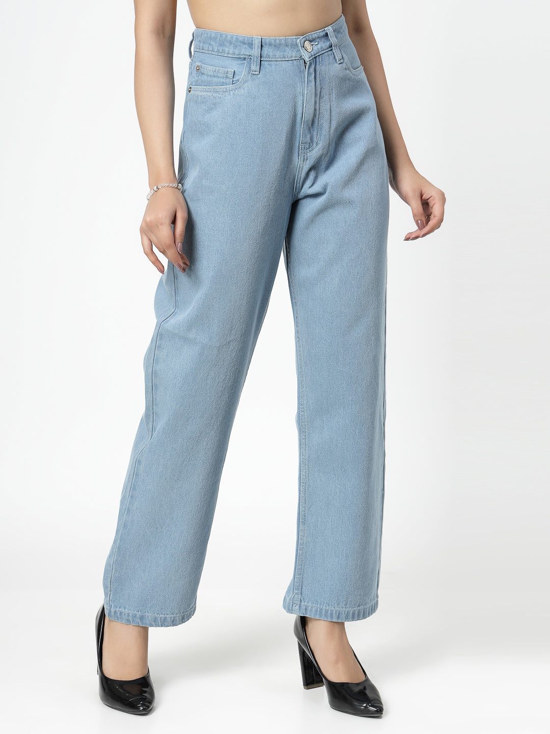 Straight Fit Light Indigo Cotton Denim Plain Jeans For Women - Cosmic Trio