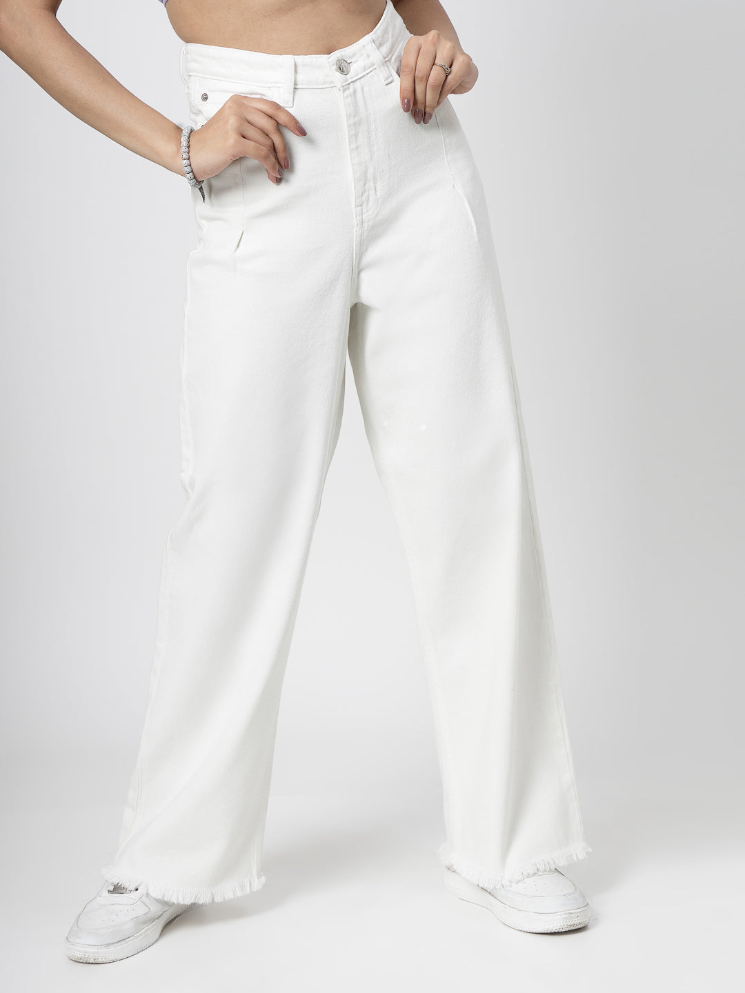 Wide Leg White Cotton Denim Jeans with Bottom Fringes - Cosmic Trio