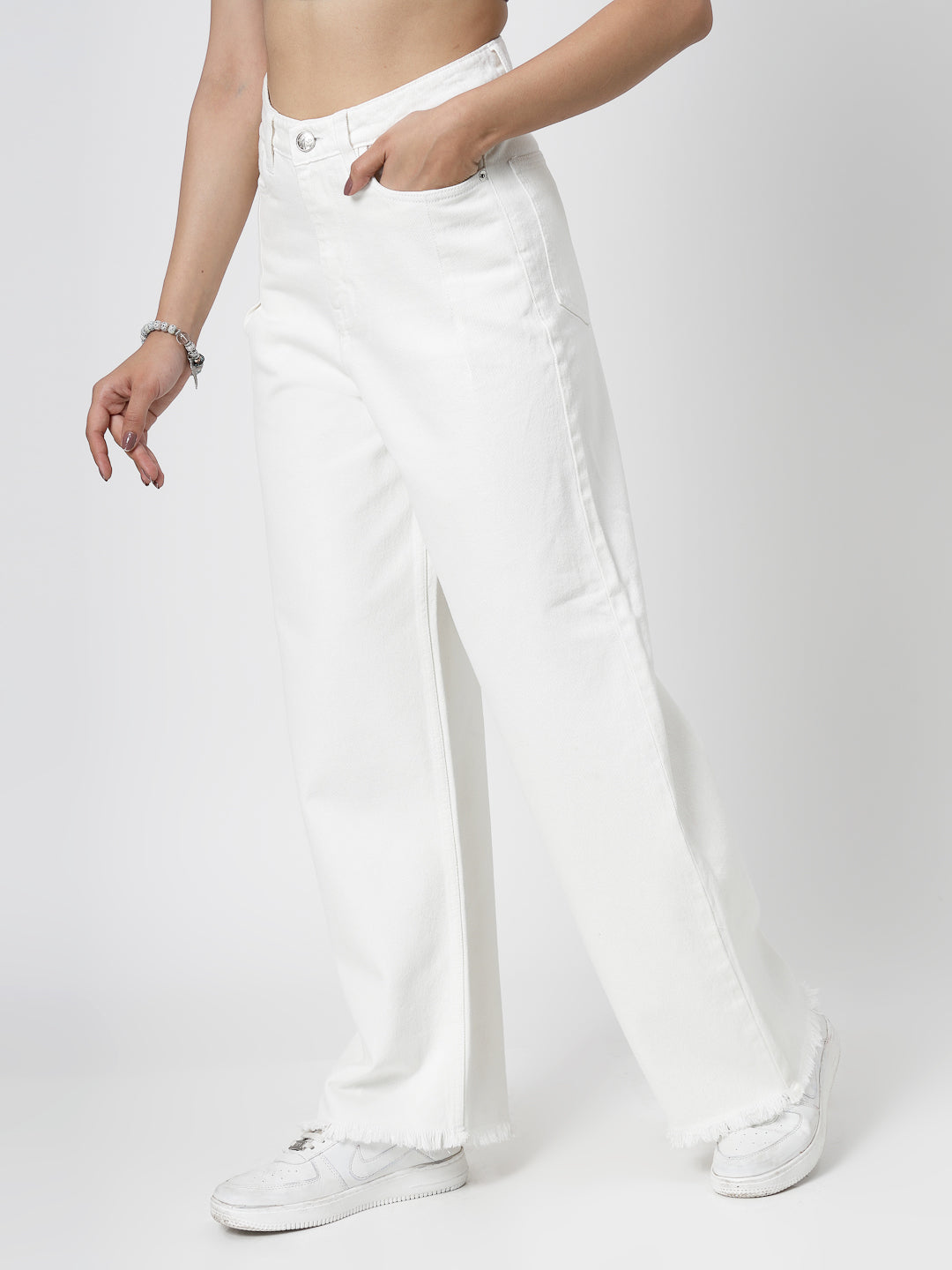 Wide Leg White Cotton Denim Jeans with Bottom Fringes - Cosmic Trio