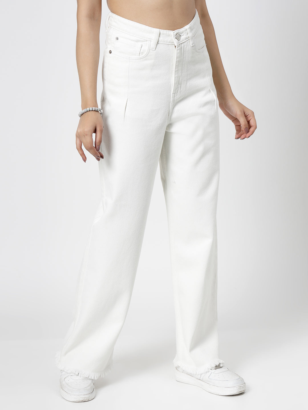 Wide Leg White Cotton Denim Jeans with Bottom Fringes - Cosmic Trio