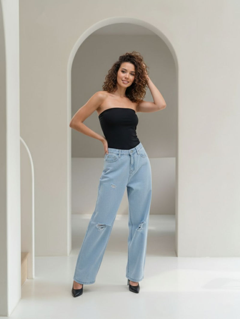 Light Indigo Wide Distressed Denim Jeans for Women