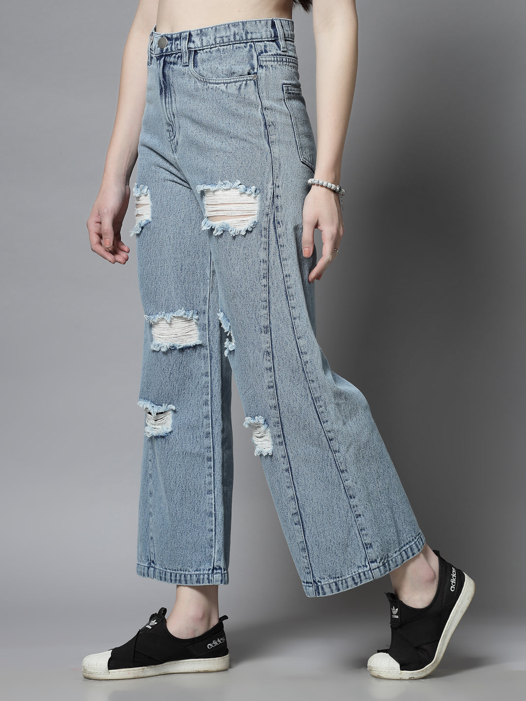 Light Wash Distressed Wide Leg Denim Jeans Women