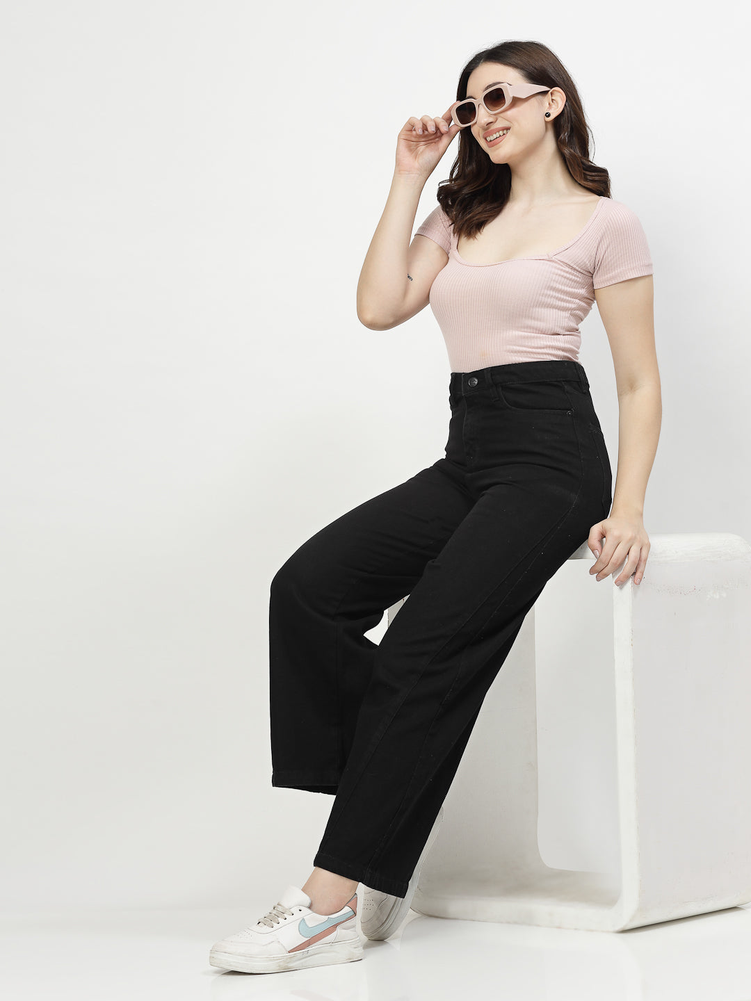 Wide Leg Black Cotton Denim Jeans For Women - Cosmic Trio