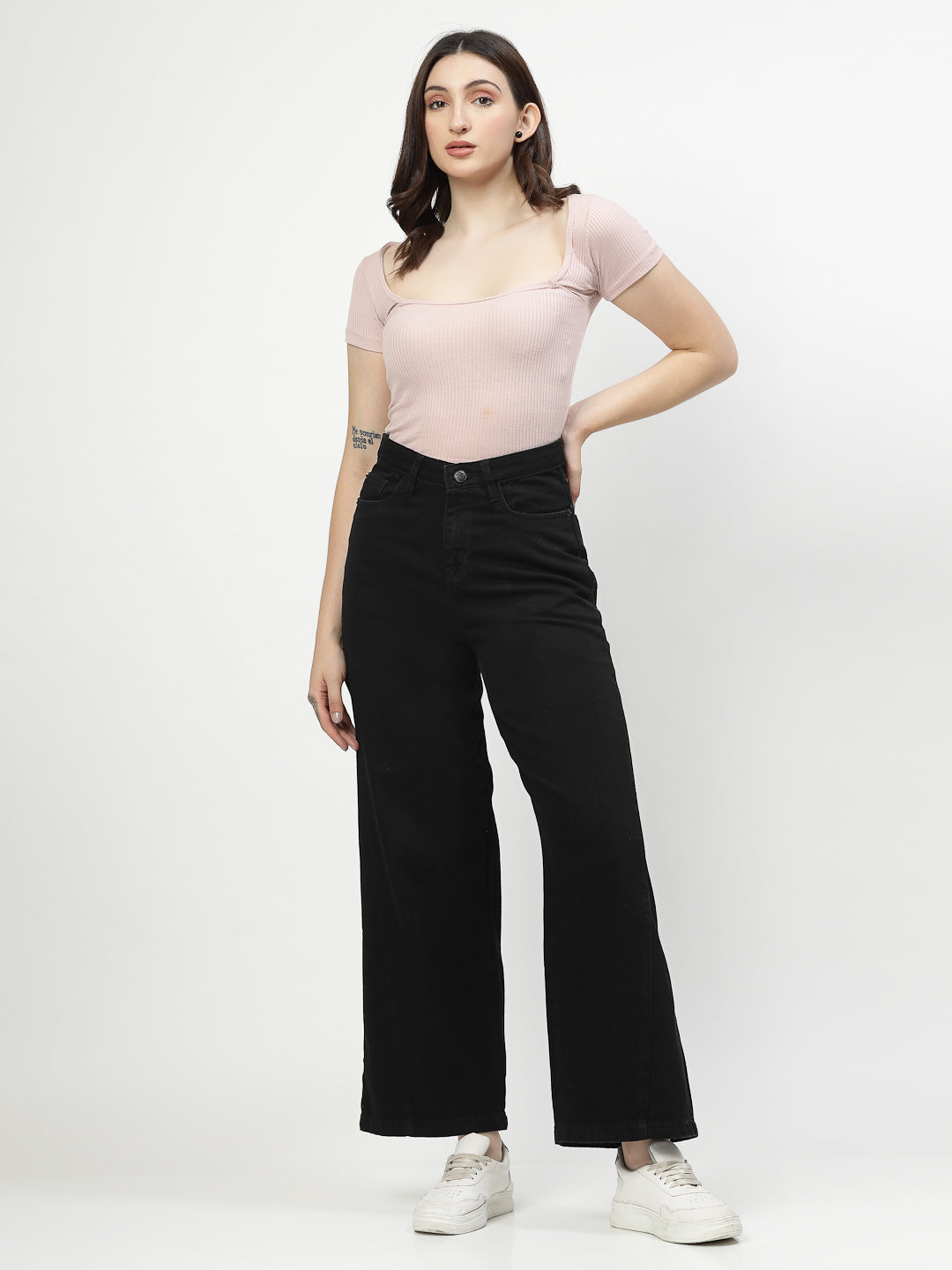 Wide Leg Black Cotton Denim Jeans For Women - Cosmic Trio
