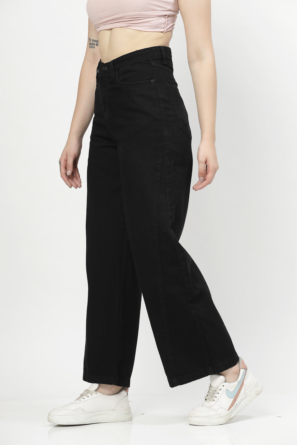 Wide Leg Black Cotton Denim Jeans For Women - Cosmic Trio