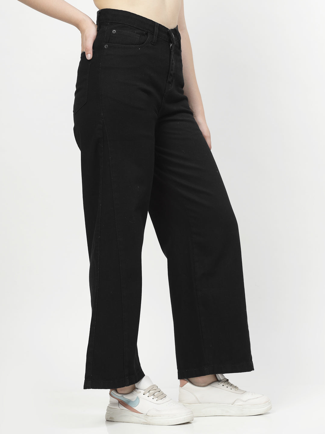 Wide Leg Black Cotton Denim Jeans For Women - Cosmic Trio