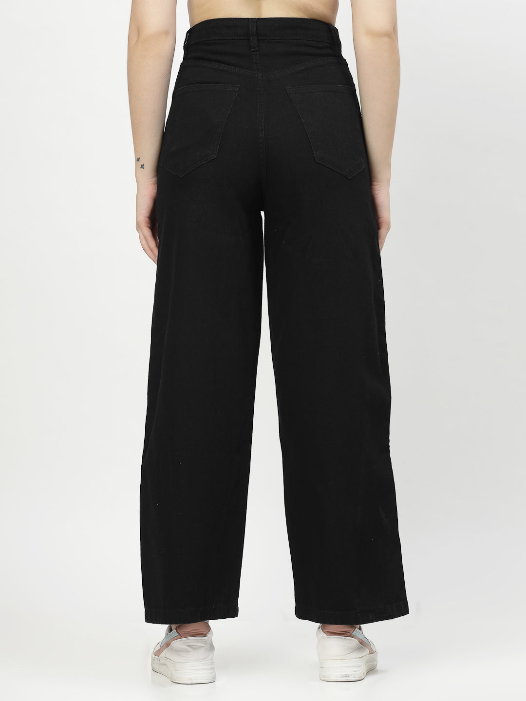 Wide Leg Black Cotton Denim Jeans For Women - Cosmic Trio