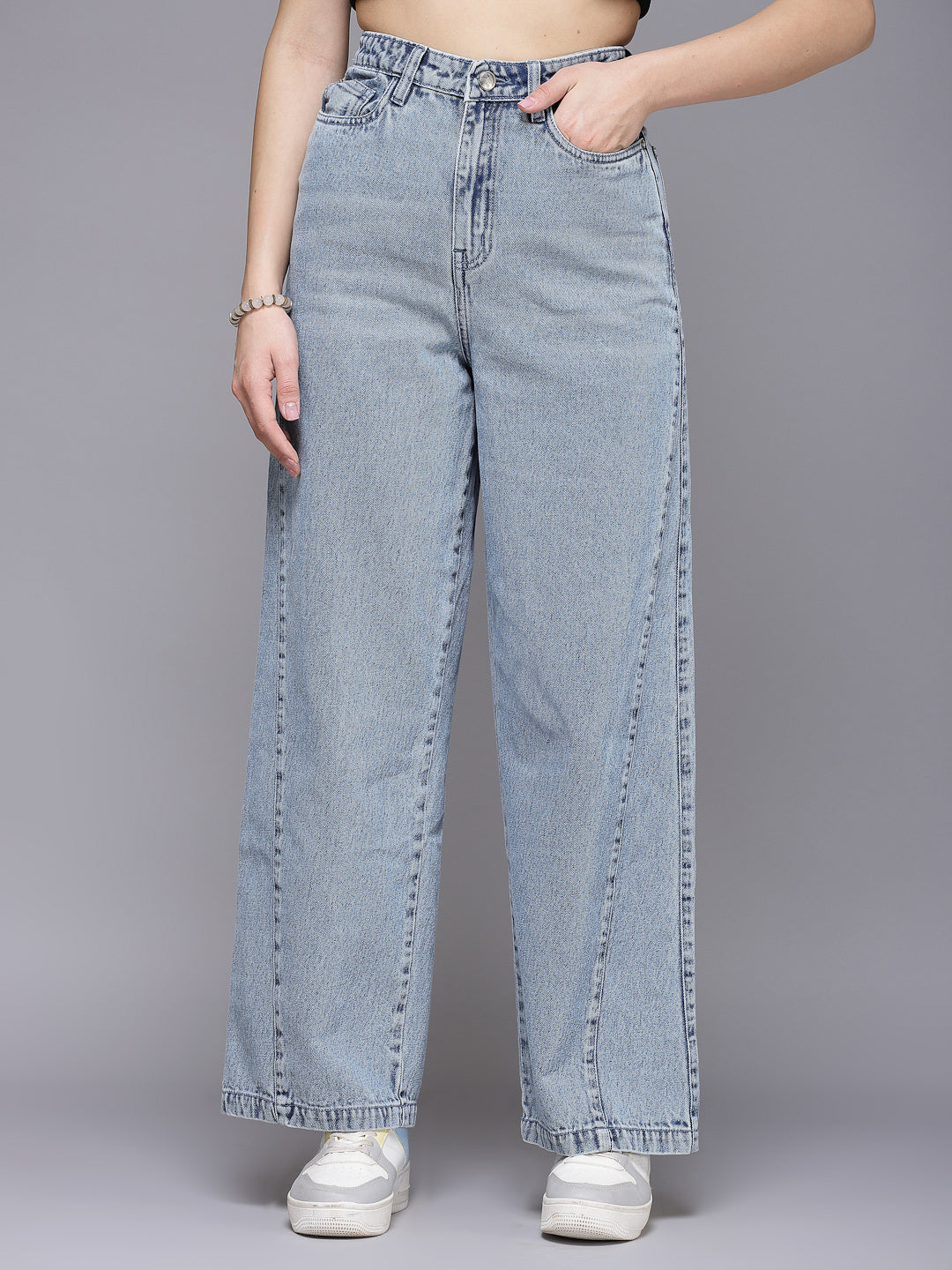 Wide Leg Light Indigo Plain Cotton Denim Jeans For Women - Cosmic Trio