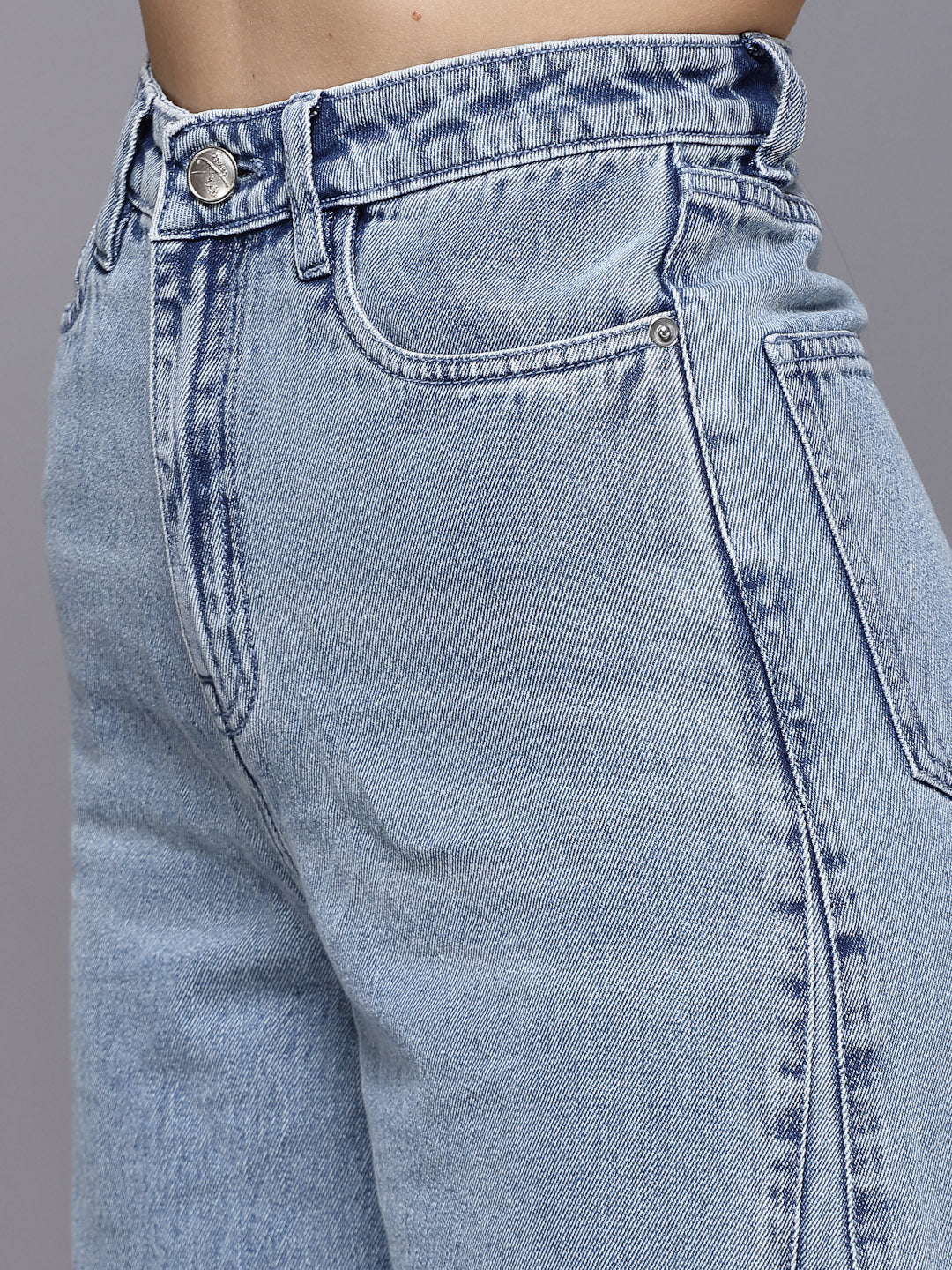 Wide Leg Light Indigo Plain Cotton Denim Jeans For Women - Cosmic Trio