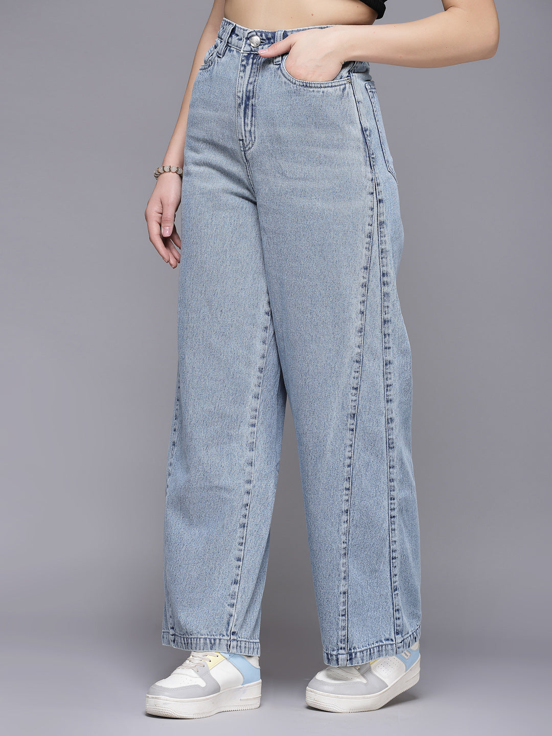 Wide Leg Light Indigo Plain Cotton Denim Jeans For Women - Cosmic Trio