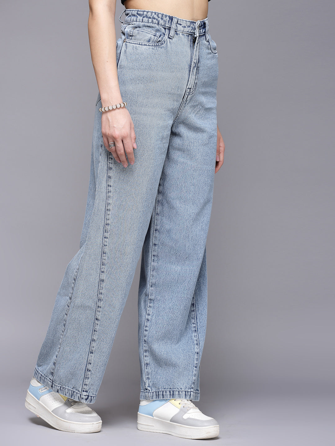 Wide Leg Light Indigo Plain Cotton Denim Jeans For Women - Cosmic Trio