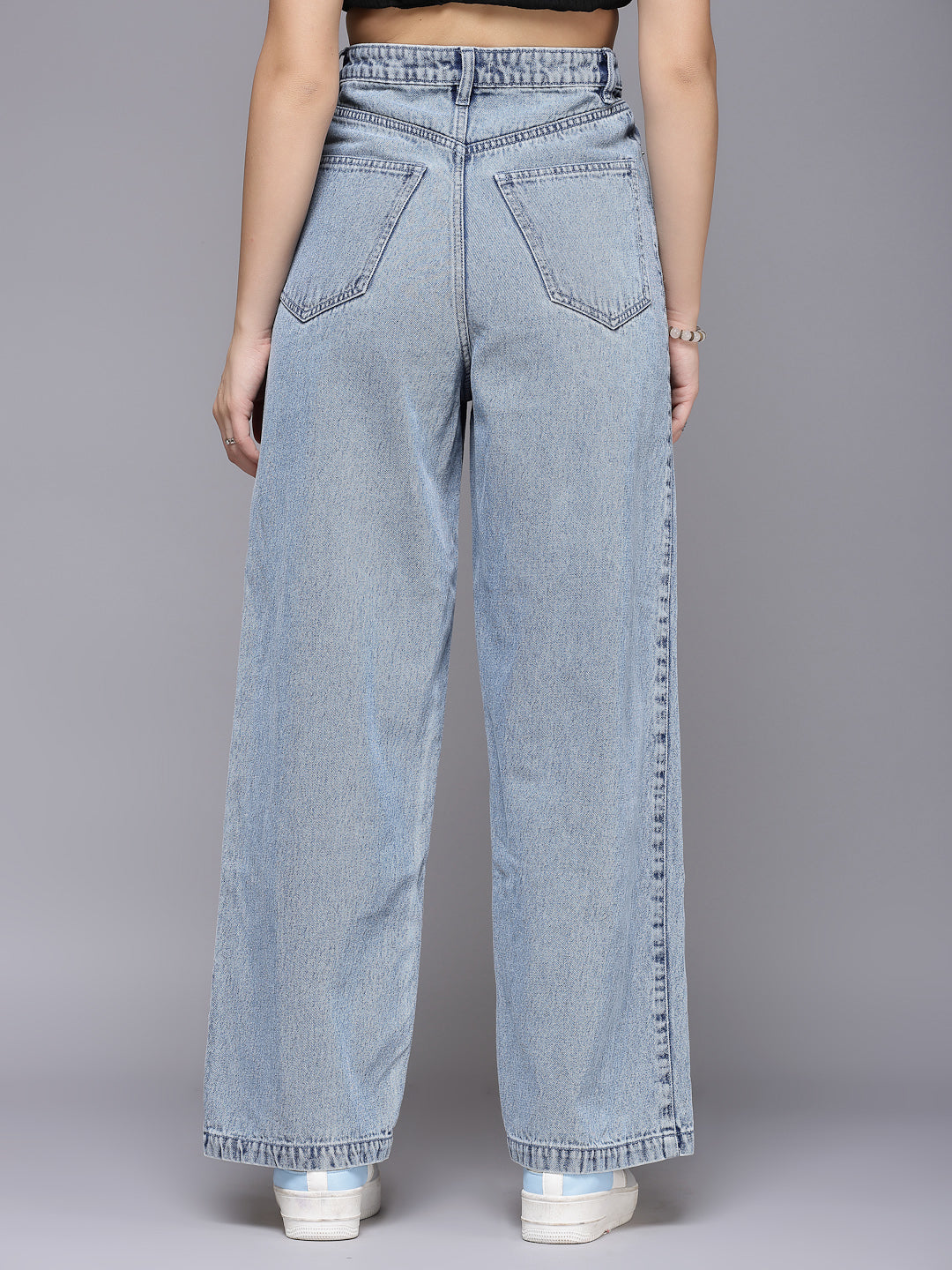 Wide Leg Light Indigo Plain Cotton Denim Jeans For Women - Cosmic Trio