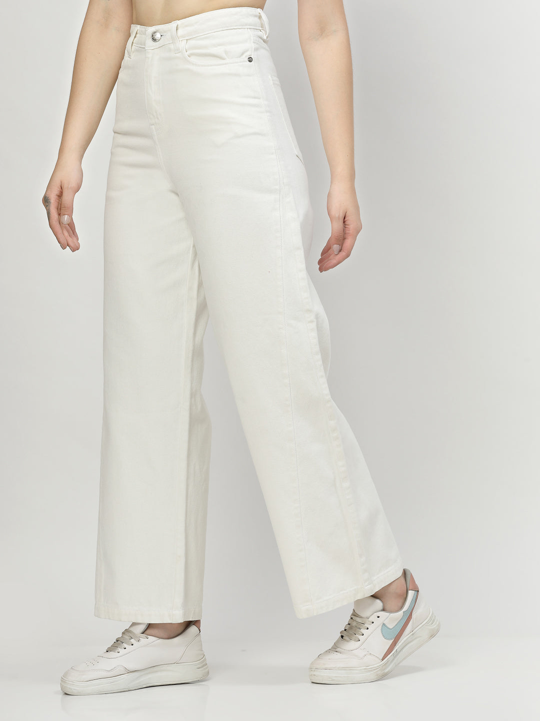 Wide Leg White Cotton Denim Jeans - Cosmic Trio
