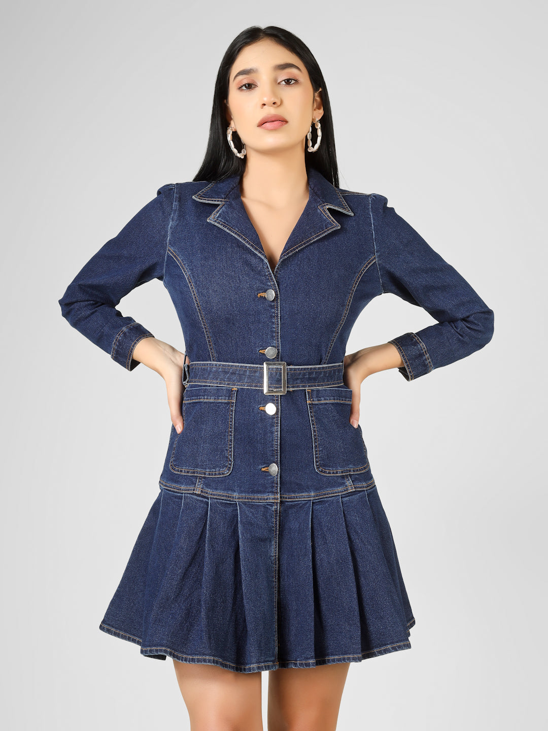 Blue Solid Denim Fit & Flare Long Sleeve Button Down Dress Women