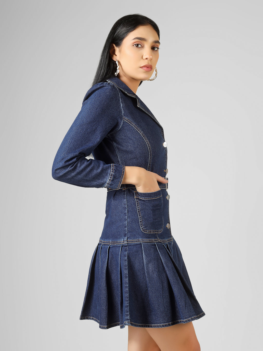 Blue Solid Denim Fit & Flare Long Sleeve Button Down Dress Women