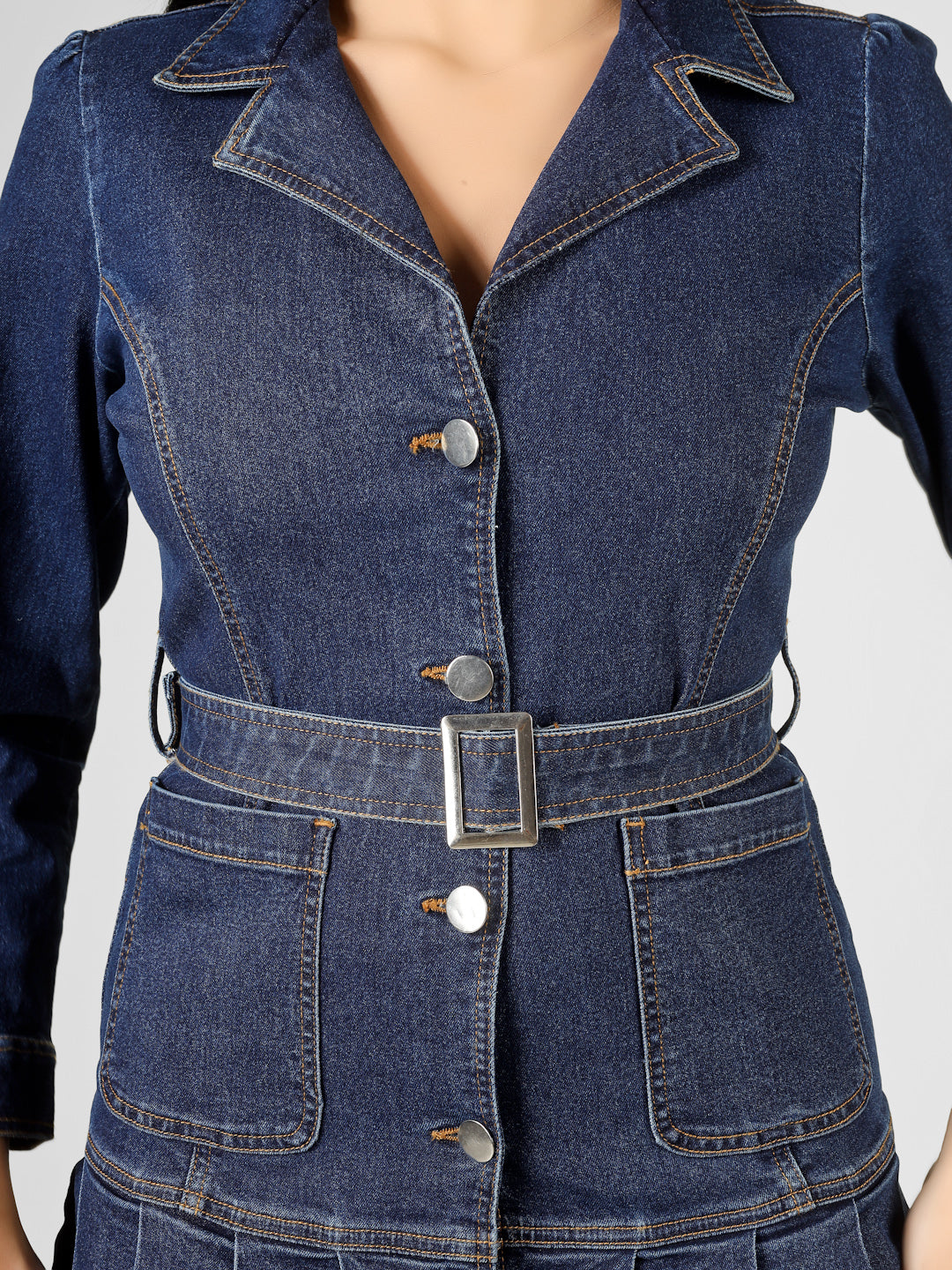 Blue Solid Denim Fit & Flare Long Sleeve Button Down Dress Women
