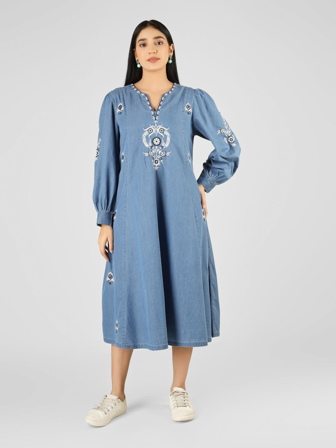 Women’s Blue Floral Embroidered A-Line Denim Midi Dress