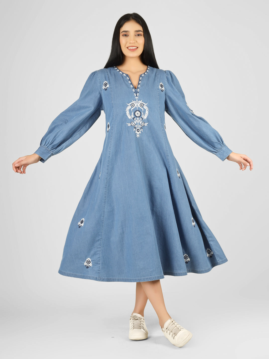 Women’s Blue Floral Embroidered A-Line Denim Midi Dress