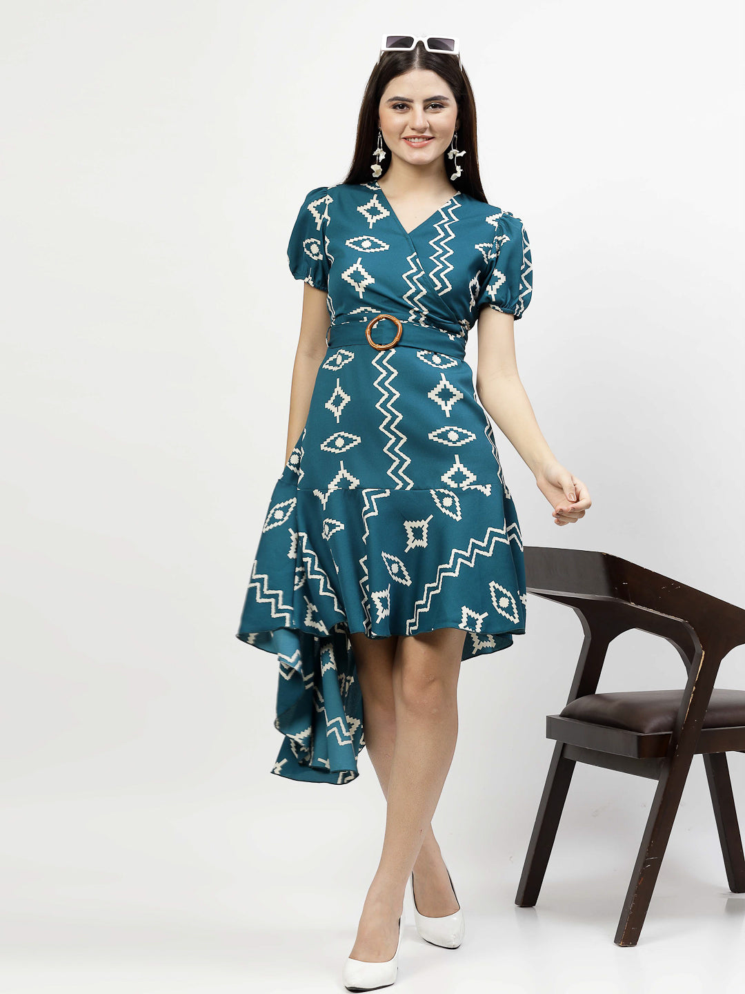 Printed V Neck Mini Dress with Belt - Cosmic Trio
