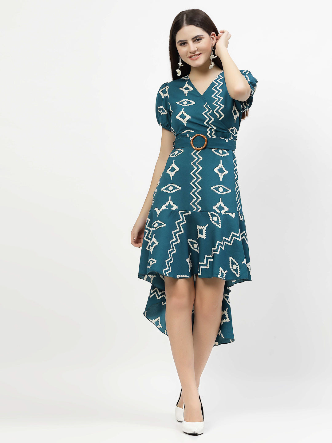 Printed V Neck Mini Dress with Belt - Cosmic Trio