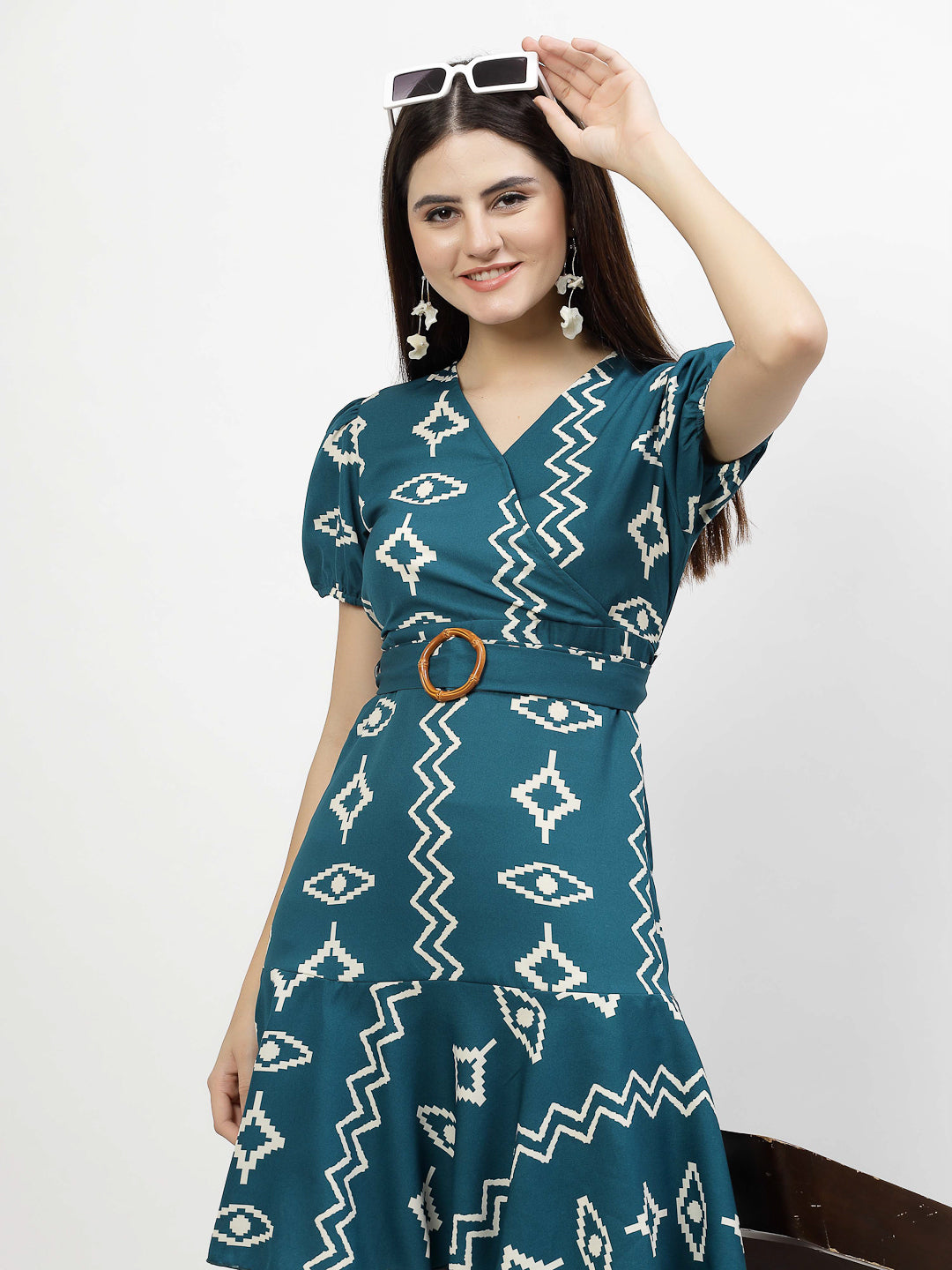 Printed V Neck Mini Dress with Belt - Cosmic Trio