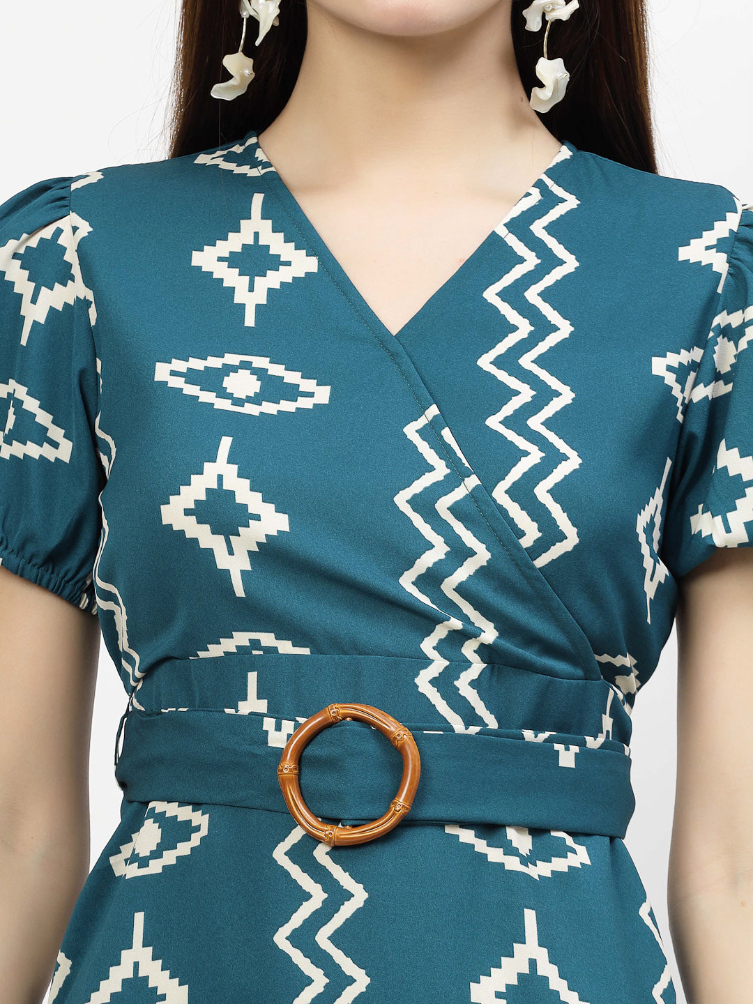 Printed V Neck Mini Dress with Belt - Cosmic Trio