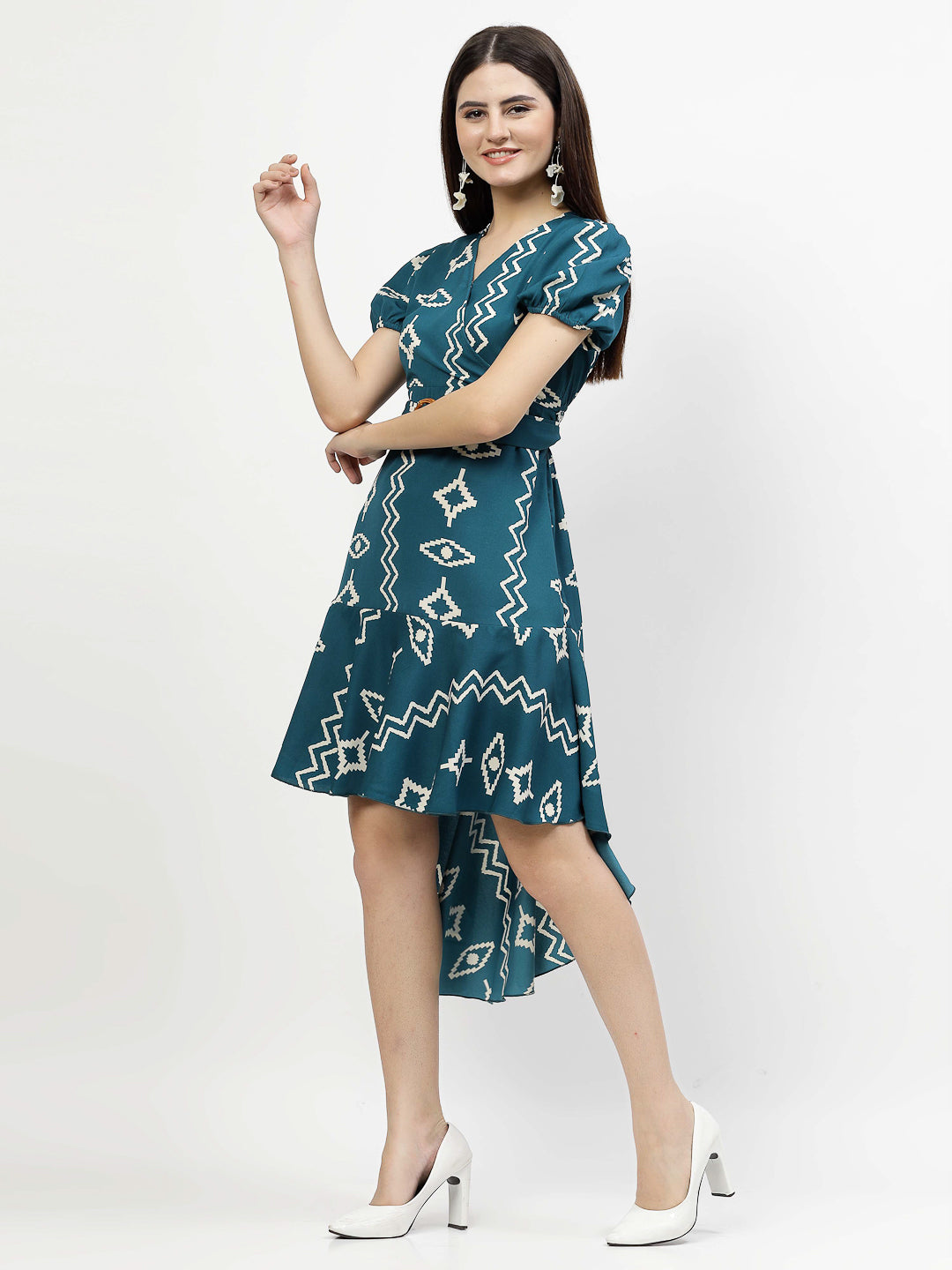 Printed V Neck Mini Dress with Belt - Cosmic Trio