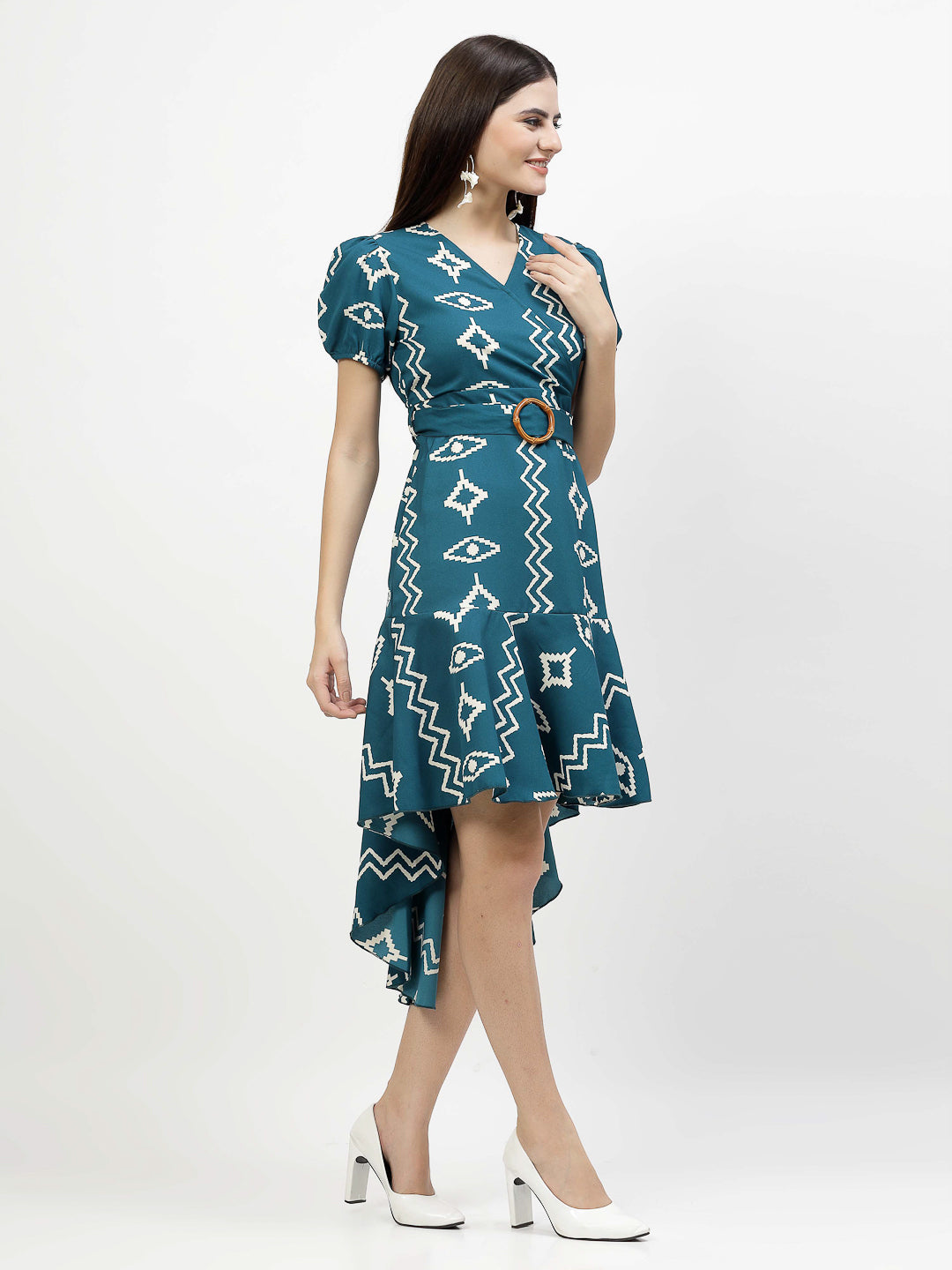 Printed V Neck Mini Dress with Belt - Cosmic Trio