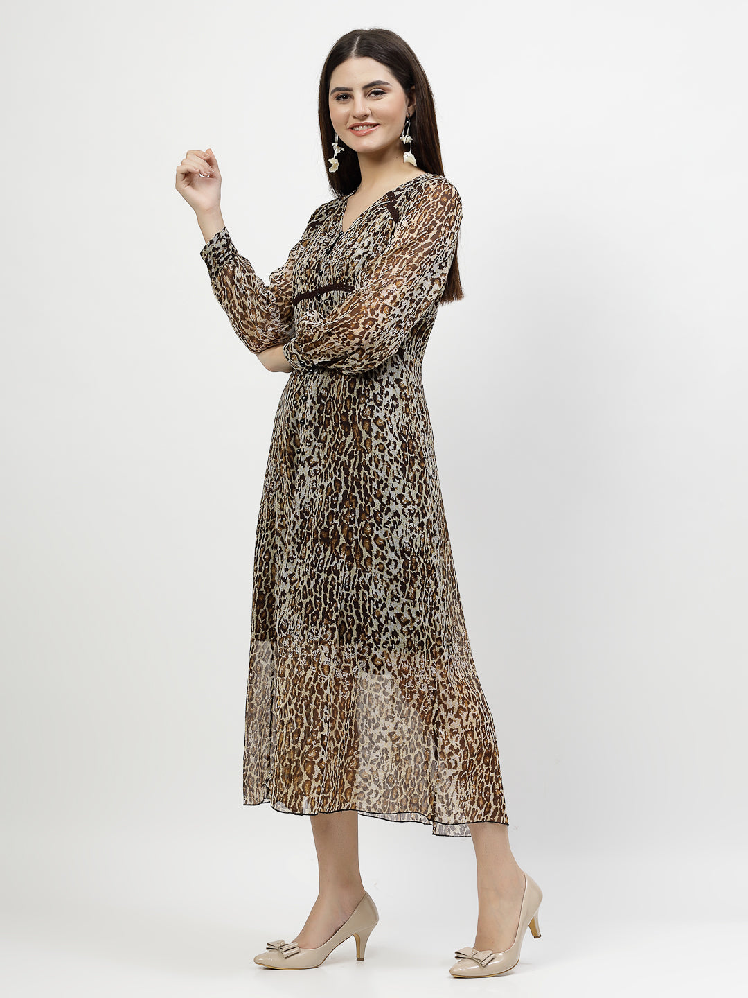Chiffon Animal Printed A-Line Dress With Lace - Cosmic Trio