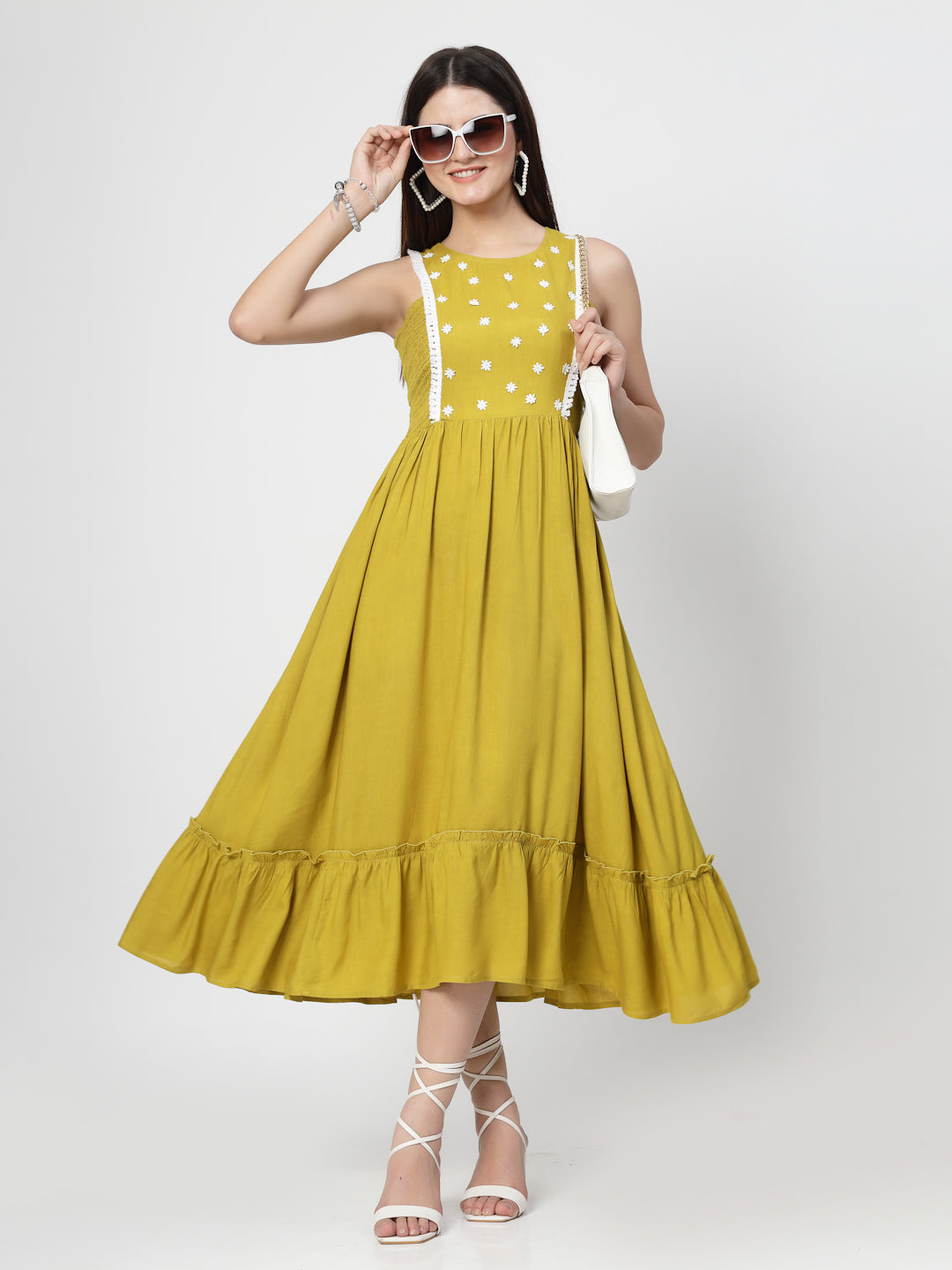 Yellow Solid Dress With White Lace and Follower - Cosmic Trio