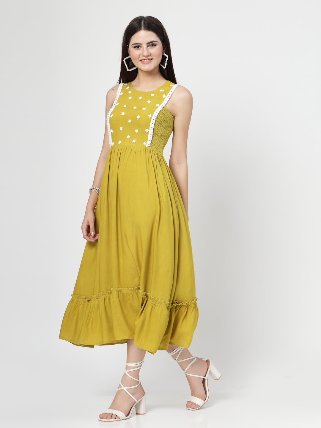 Yellow Solid Dress With White Lace and Follower - Cosmic Trio