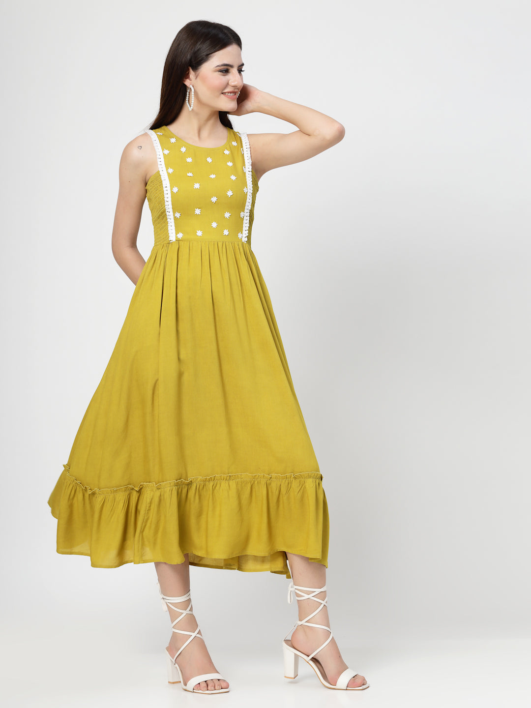 Yellow Solid Dress With White Lace and Follower - Cosmic Trio