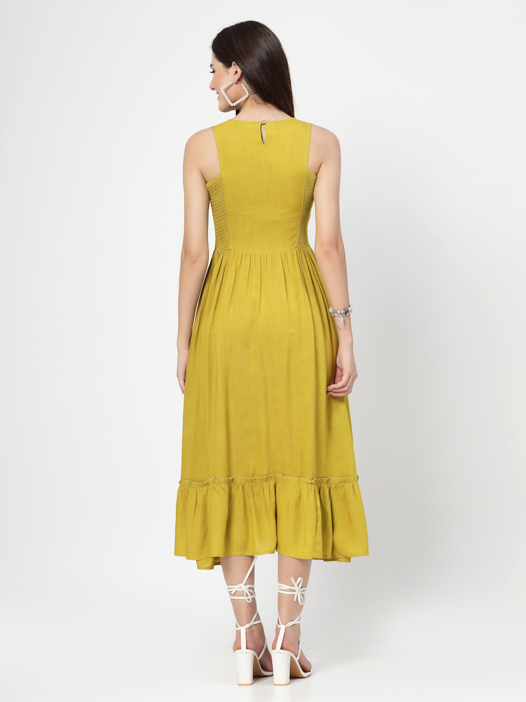 Yellow Solid Dress With White Lace and Follower - Cosmic Trio