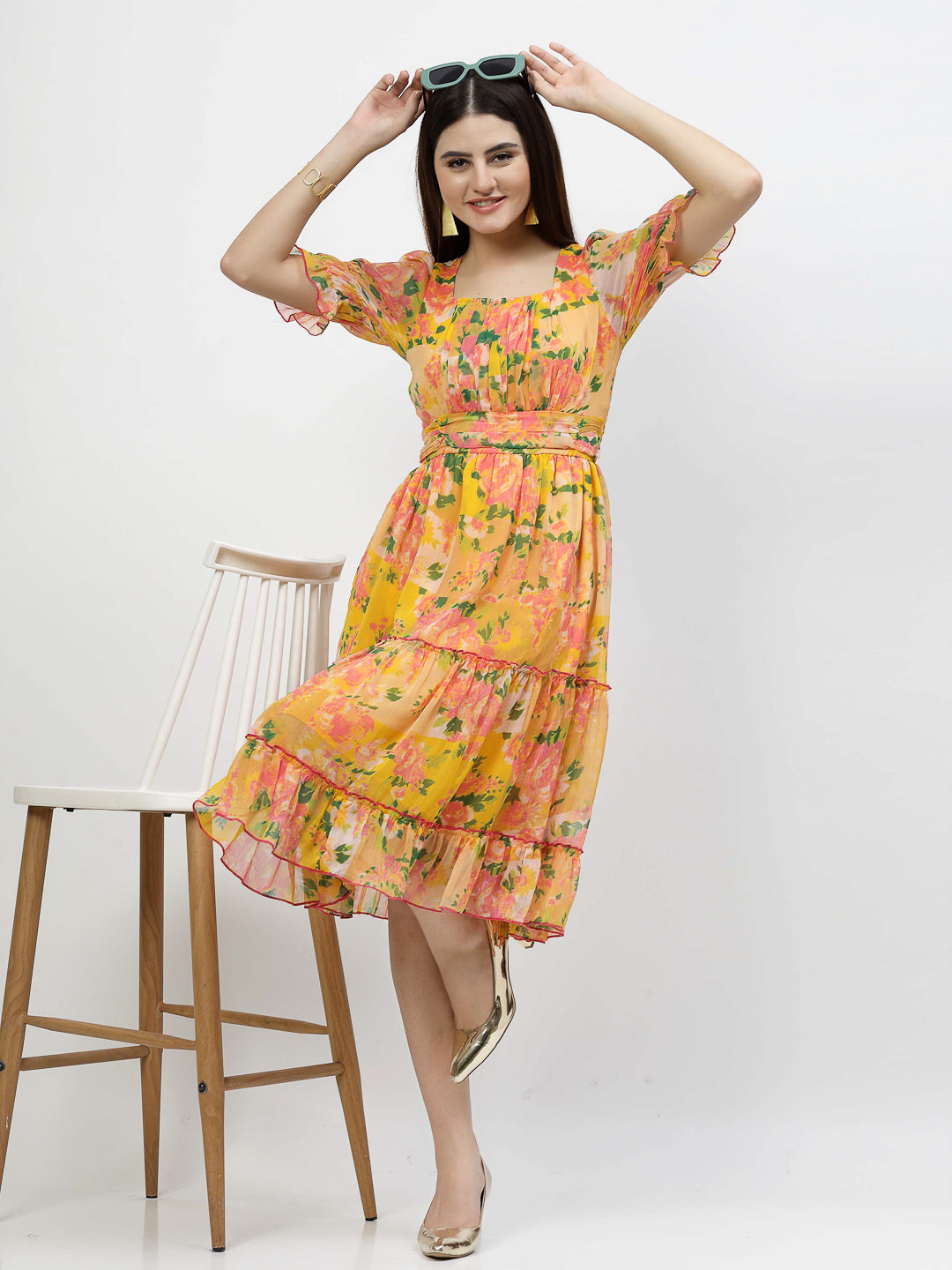 Floral Printed Chiffon Women's Tiered Dress - Cosmic Trio